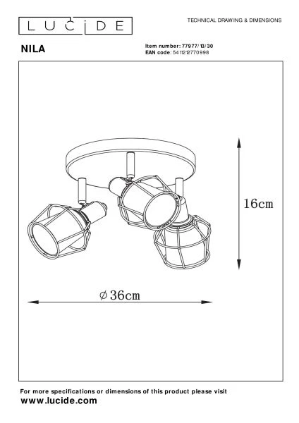 Lucide NILA - Plafondspot - Ø 36 cm - 3xE14 - Zwart - technisch